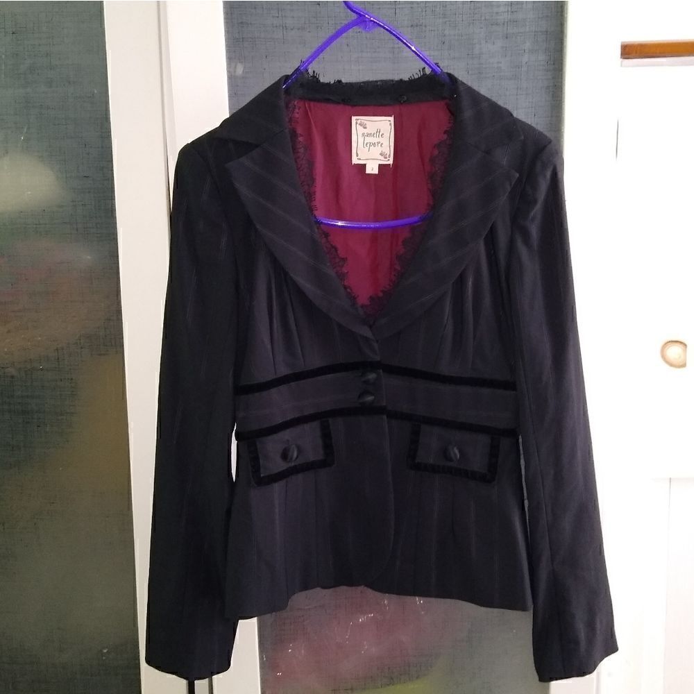Nanette Lepore Sz 2 jacket black stripes, lace n velvet